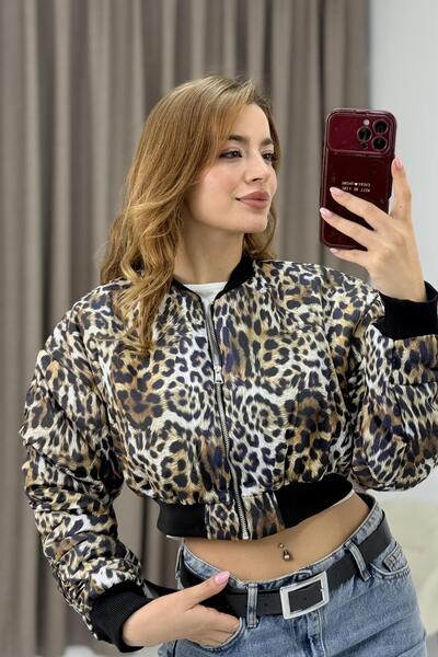 Raneel Kazançlı Alışveriş Leopar Desen Crop Şişme Mont