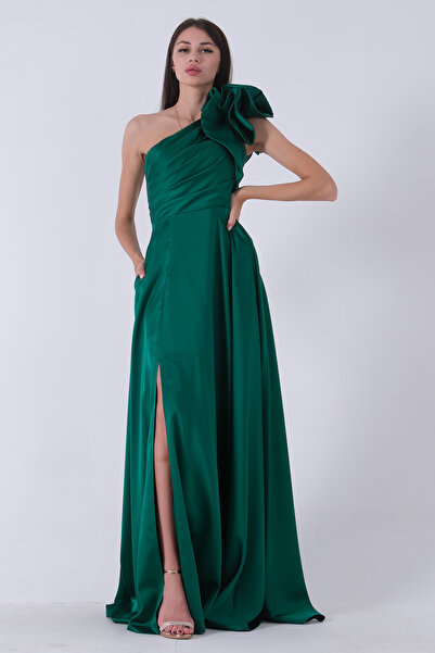 Feminist فستان سهرة من الساتان الزمردي - قوس على الكتف1302192