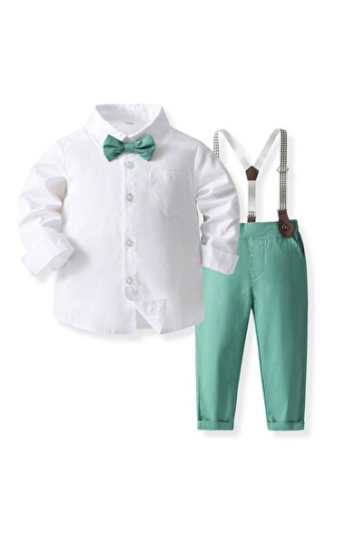 Kidohug Costum elegant baieti, Camasa cu maneca lunga, Pantaloni lungi cu bretele si Papion