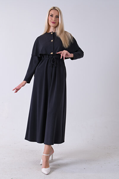 Feminist Üzeri Kendinden Şallı Kemer Bağlamalı Tesettür Elbise Siyah 4571581