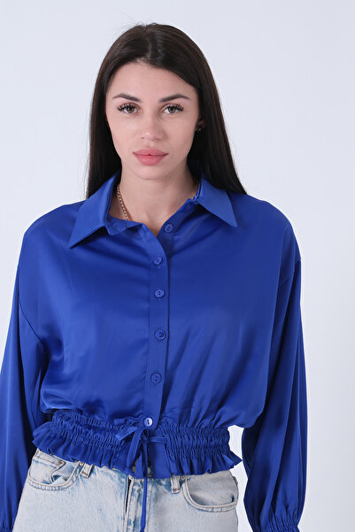 Feminist Bel ve Kol Ucu Gipe Detaylı Saten Gömlek Saks 3972863