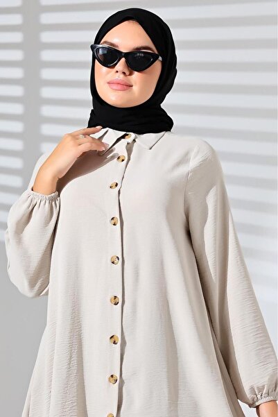 Berel Moda Düğmeli Aerobin Kumaş Manşeti Lastikli Tunik Gömlek