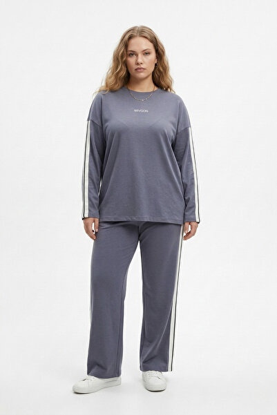 Talvien Printed Long Sleeve Stripe Detailed Osho Modal Fabric Set Plus Size