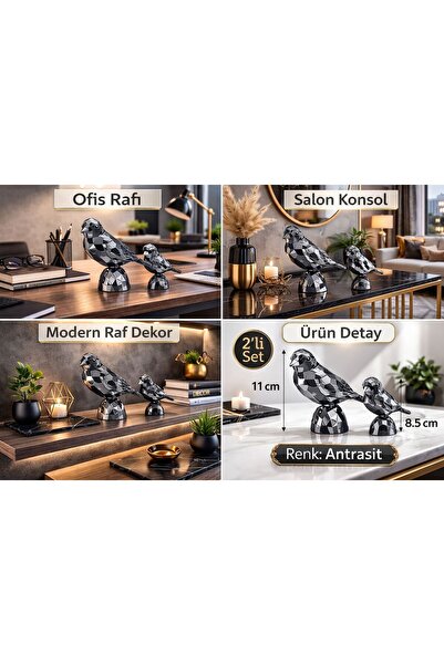 HRD STORE DEKORATİF 2'Lİ KUŞ AKSESUAR ANTRASİT