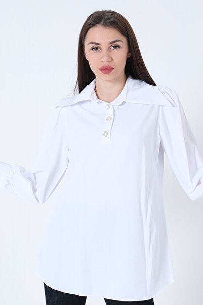 Feminist Önü Yarım Patlı Terikoton Gömlek Beyaz 31021996