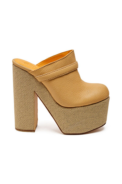 CANES AYAKKABI Kadın Sarı Deri Hasır Alt Yüksek Sabo