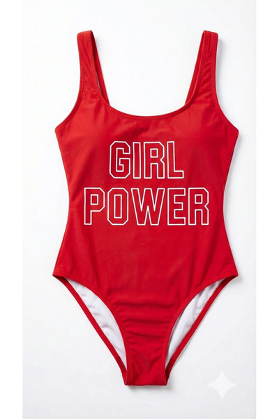 Red Very Tight Fit Girl Power Printed Swimwear