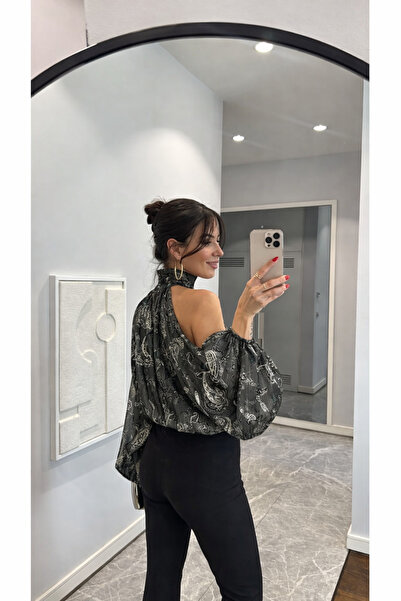 Perry Boutique Gray Patterned Off-The-Shoulder Satin Blouse