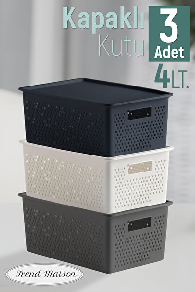 Trend Maison منظم متعدد الأغراض 4 لتر. صندوق تخزين بغطاء بلاستيكي 3 قطع