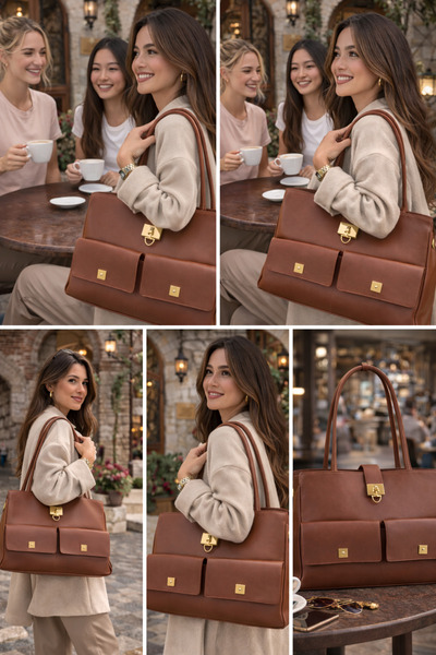 dukidasoturkiye Brown Classic Form Gold Lockable Shoulder Bag |   Brown T8318