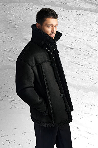 Avva Men's Black Fur Collar Napa Comfort Fit Coat A52Y6055