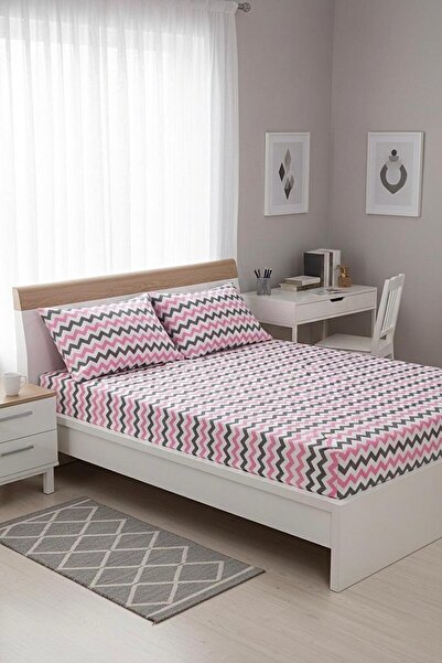 üntaş Life Battal Double Elastic Sheet + 2 Pillowcases Pink Gray Eczikzak10