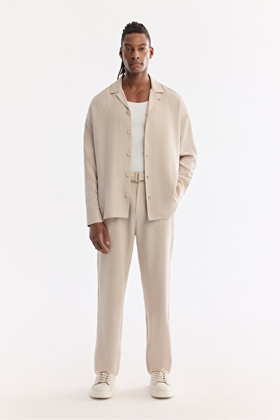 Avva Men's Beige Classic Waist Buckle Detailed Modal Blend Knidos Baggy Fit T...