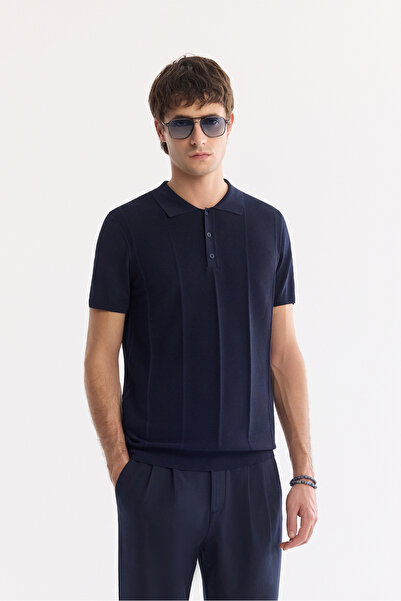 Avva تيشيرتات تريكو مزخرفة من الأمام بياقة بولو باللون الأزرق الداكن للرجال A...