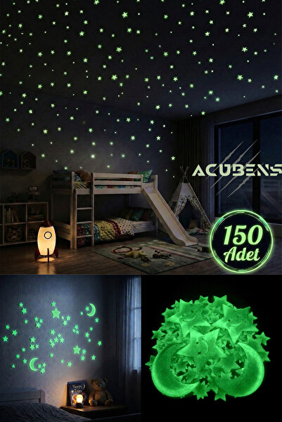 Acubens 150 Adet Karanlıkta Parlayan Fosforlu Ay ve Yıldız Tasarımlı Dekorati...
