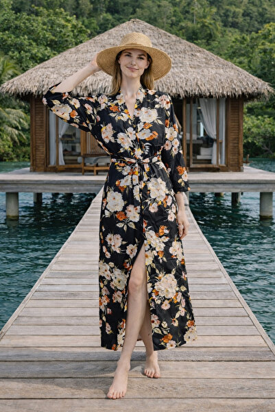 DLC Tekstil Ekru Black Kimono / Pareo. Saten