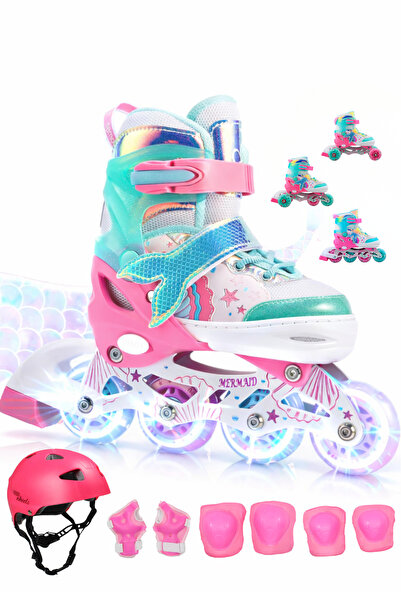 Sportaj Deniz Kızı Işıklı Paten Kask Koruma Seti 2+2 Kız Çocuk Pateni Silikon...