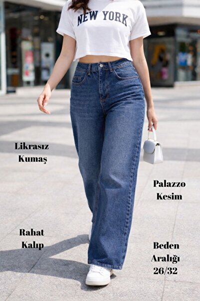 CEDY DENIM Dámské bavlněné džínové kalhoty Palazzo s vysokým pasem modré C-61...