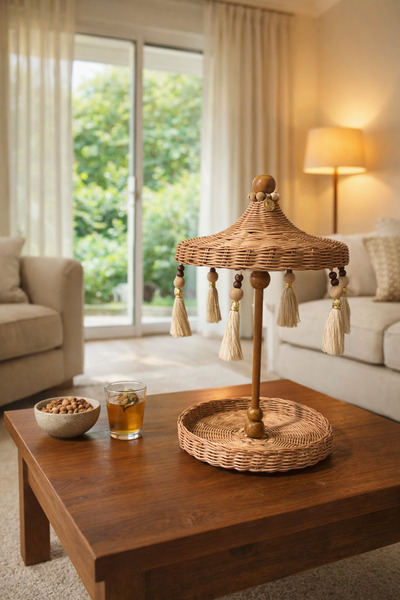 SEÇİL El Yapımı Bali Şemsiye Sepetli – Hasır Boho Dekoratif Masa Aksesuarı