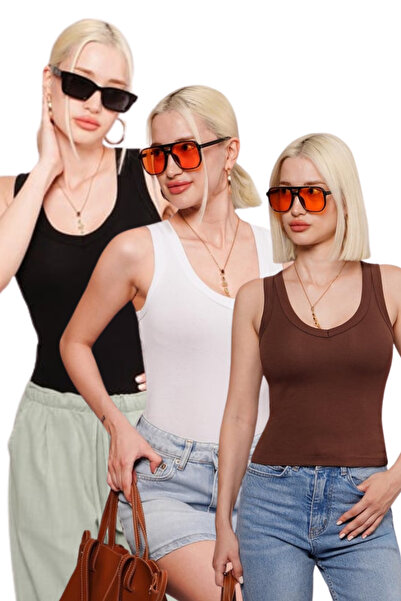 Madmext Black/White/Brown Deep V-Neck 100% Cotton Basic Women's Tank Top Mg2405