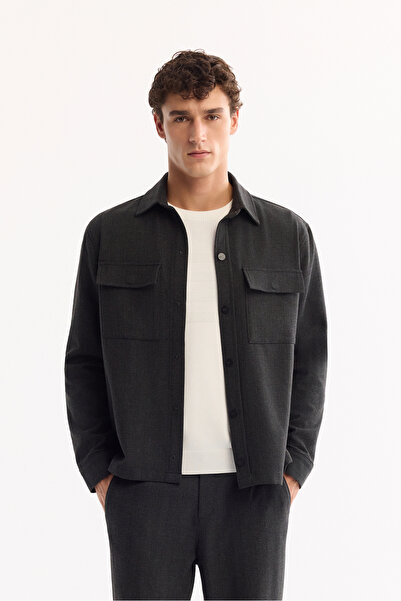 Avva Ανδρικό πουκάμισο με κλασικό γιακά ανθρακί, εύκολο στο σιδέρωμα, Comfort...