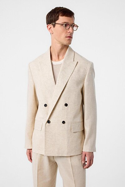 Antioch Ekru Relax Fit Keten Karışımlı Erkek Blazer Ceket