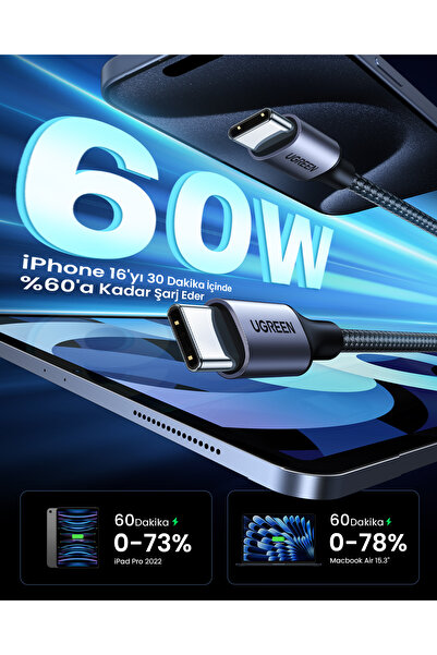 Ugreen USB-C 60W 3A QC PD Örgülü Hızlı Şarj Kablosu, 1 m, Siyah, 50150