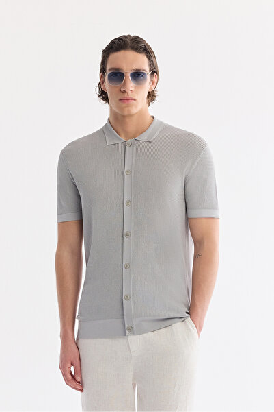 Avva Men's Gray Polo Collar Front Buttoned Openwork Knitwear T-Shirts A61Y5017