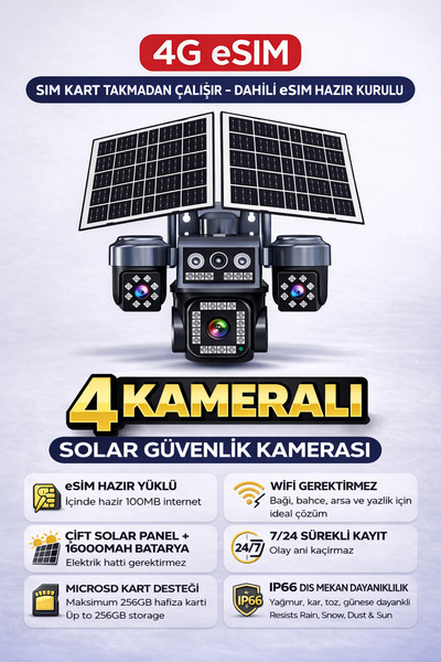Ecocam 8MP 4G eSIM Güneş Enerjili Akıllı Güvenlik Kamerası – 4 Lens – AOV 7/2...