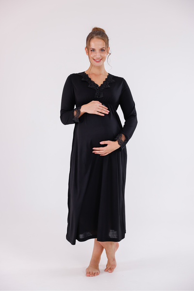 Yulem Homewear Μαύρο νυχτικό εγκυμοσύνης από βαμβάκι με λεπτομέρεια από δαντέ...