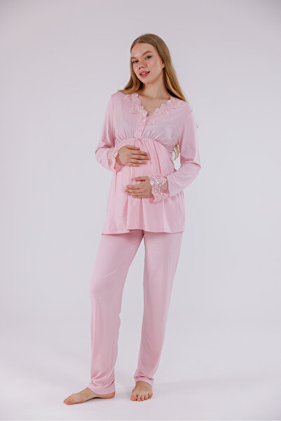 Yulem Homewear طقم بيجامة للحوامل من القطن مع تفاصيل من الدانتيل الناعم ومناس...