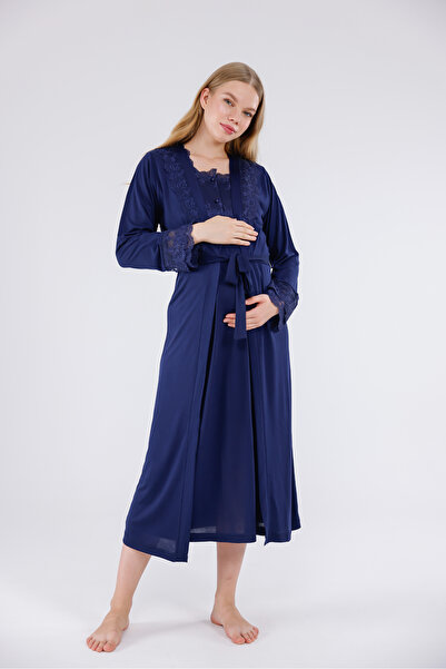Yulem Homewear طقم ملابس نوم للحوامل من قطعتين باللون الأزرق الداكن مع أكمام ...