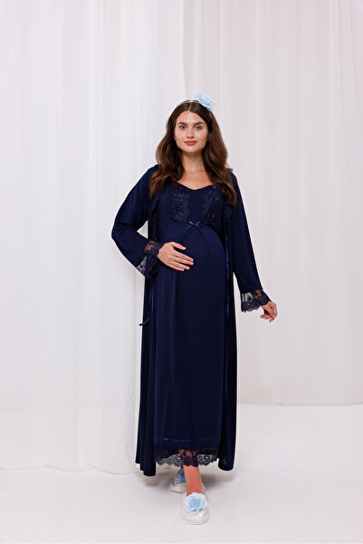 Yulem Homewear Σετ νυχτικών εγκυμοσύνης με δαντέλα σε μπλε ναυτικό χρώμα, σετ...