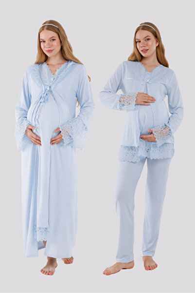 Yulem Homewear Blue Special Lace Design Cotton Maternity Pajamas Set and Nigh...