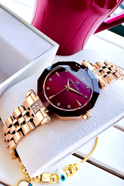 Daniel Klein Kesme Cam Su Geçirmez Taşlı Kadın Kol Saati Bordo Renk Çelik Kor...