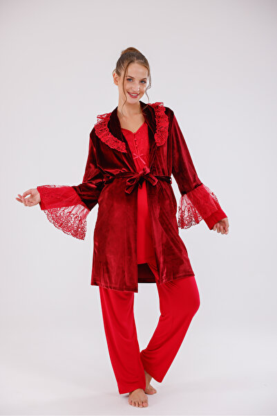 Yulem Homewear Set de pijamale din 3 piese pentru maternitate, cu guler șal d...