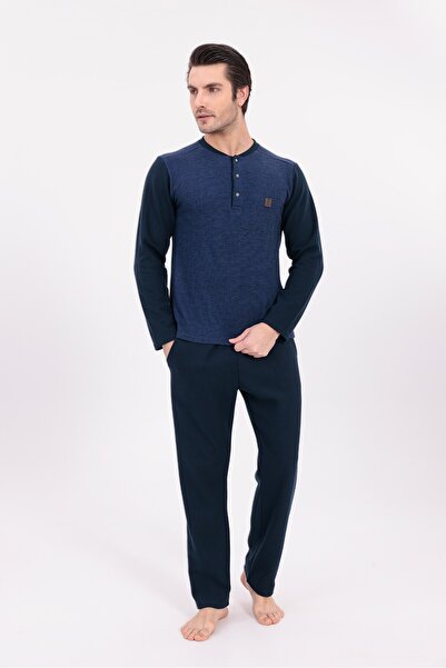 Yulem Homewear Ανδρικό σετ πιτζάμες με μακρυμάνικο βαμβακερό χειμερινό ναυτικ...