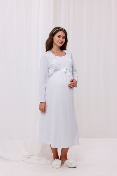 Yulem Homewear Μπλε καρό νυχτικό εγκυμοσύνης με μακρύ μανίκι και λειτουργία θ...