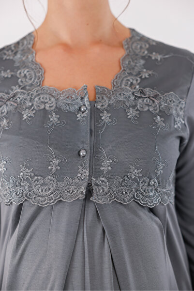 Yulem Homewear قميص نوم قطني للحوامل بأكمام طويلة مع تفصيلات دانتيل خاصة للرض...