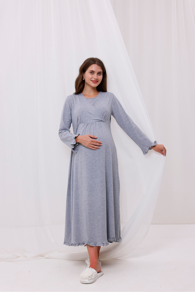 Yulem Homewear Γκρι διπλό πέτο βαμβακερό νυχτικό εγκυμοσύνης με δυνατότητα θη...