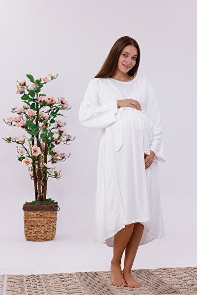 Yulem Homewear Ekru Kruvaze Dantel Şeritli Pamuklu Uzun Kol Lohusa Hamile Gec...