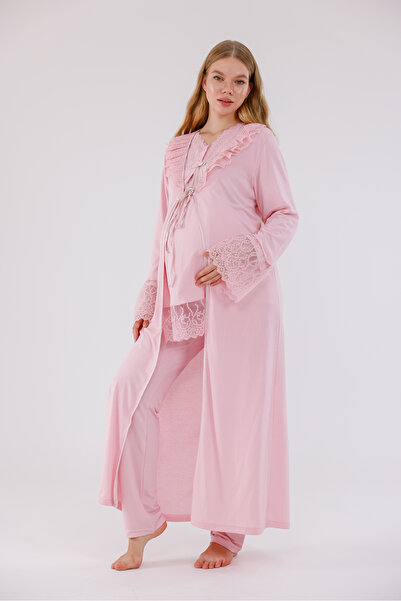 Yulem Homewear Pudra Özel Dantelli Tasarım Pamuklu Tam Boy Sabahlıklı Lohusa ...