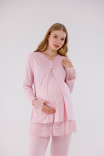Yulem Homewear Σετ πιτζάμες εγκυμοσύνης με ειδικό σχέδιο δαντέλας σε σκόνη με...