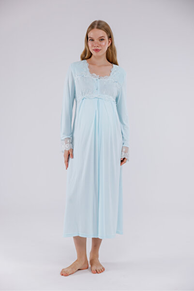 Yulem Homewear Τυρκουάζ ειδικό νυχτικό εγκυμοσύνης με μακρυμάνικο βαμβακερό ν...