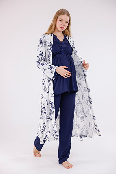 Yulem Homewear Lacivert Desenli Dantel Detaylı Tasarım Tam Boy Sabahlıklı Loh...