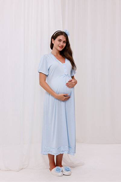 Yulem Homewear Mavi Kurdele Detaylı Emzirme Özellikli Lohusa Hamile Gecelik