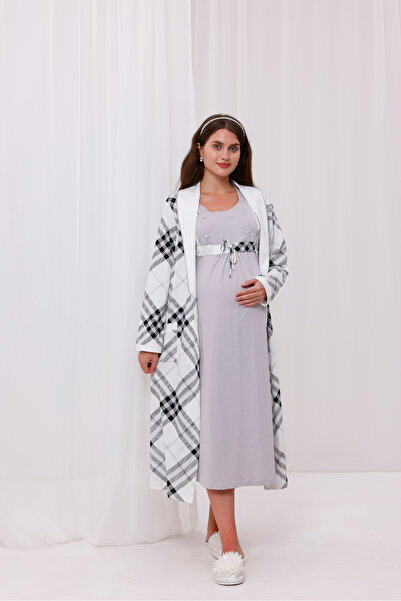 Yulem Homewear Σετ πιτζάμες και νυχτικό με γκρι σχέδιο από βαμβακερό χειμωνιά...