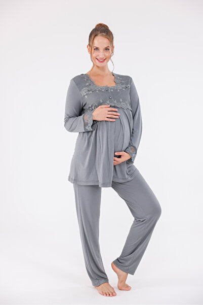 Yulem Homewear طقم بيجامة وقميص نوم للحوامل من القطن بتصميم دانتيل خاص بأكمام...