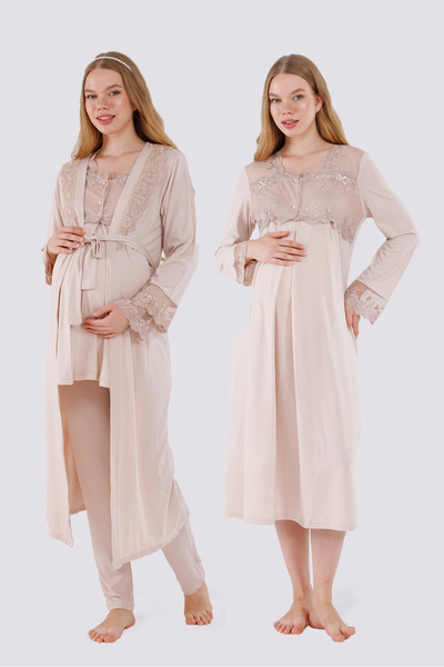 Yulem Homewear طقم بيجامة وقميص نوم للحوامل بأكمام طويلة من القطن بتصميم دانت...