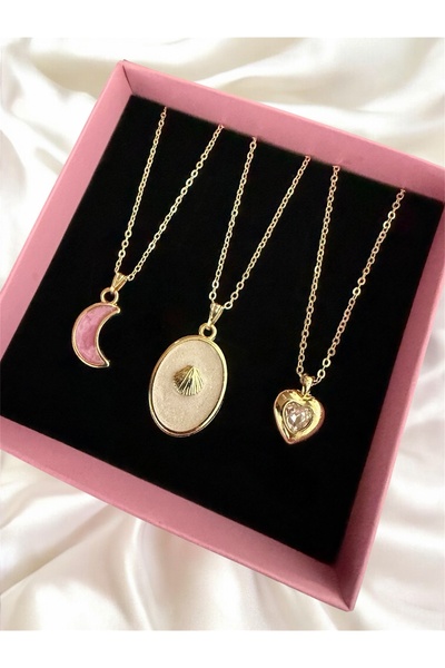 Madam Bikan Gold Renk Deniz Kabuğu Detaylı Pembe Ay Beyaz Taşlı Kalp 3 Lü Kom...